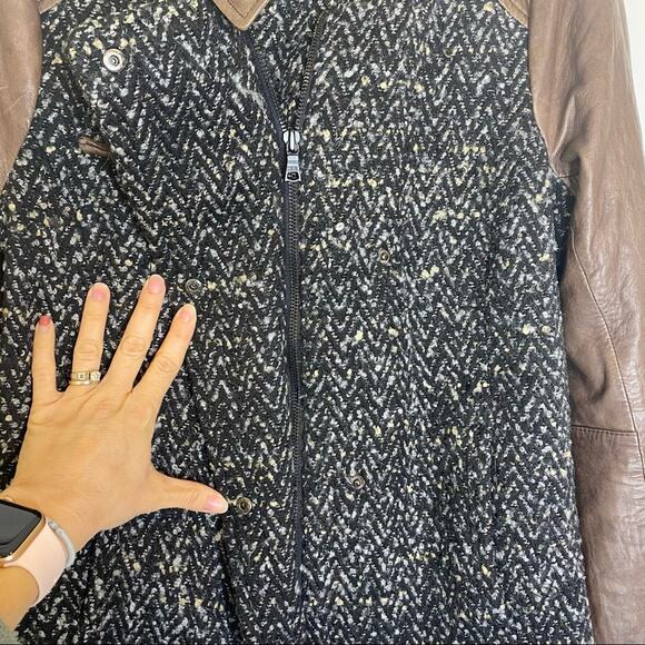 Gap Brown Leather Boucle Tweed Moto Jacket M - Picture 12 of 12